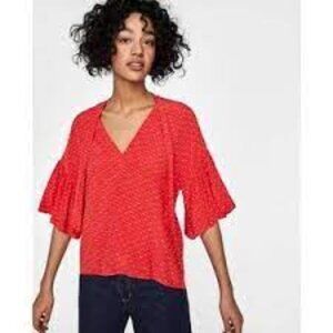 Zara WOMAN Red Patterned  Blouse with Ruffled Flowy Short Sleeves